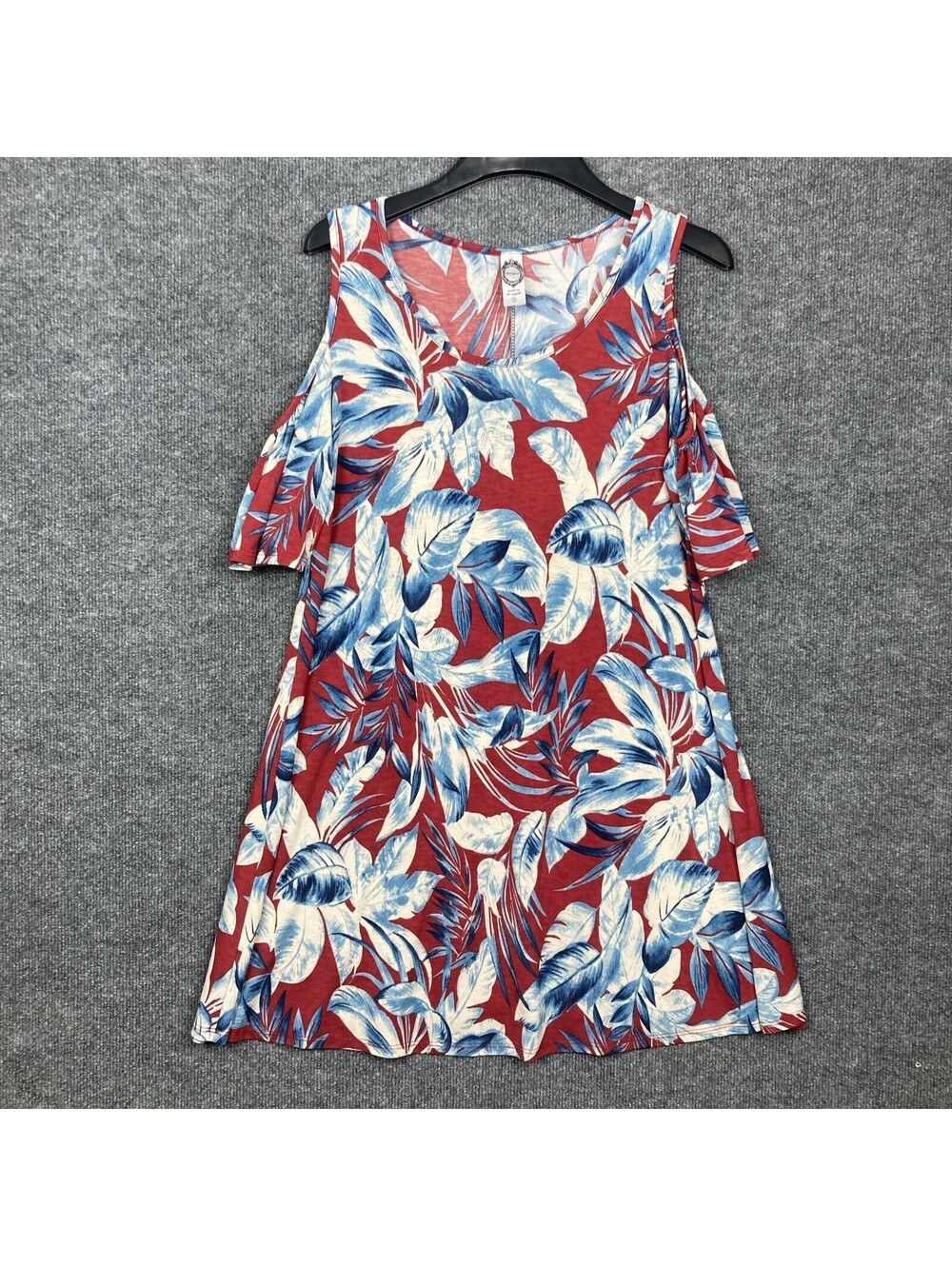 Honeyme Womens Small Maroon Blue Floral Patten Cold Shoulder S/S Tunic Dress EUC - Picture 1 of 4